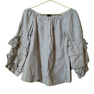 Sanctuary Women's Small Striped Embroidered Floral Tiered 3/4 Sleeve Blouse